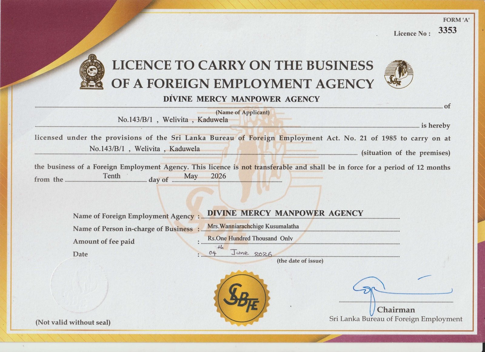 SLBFE License Certificate No. 3353